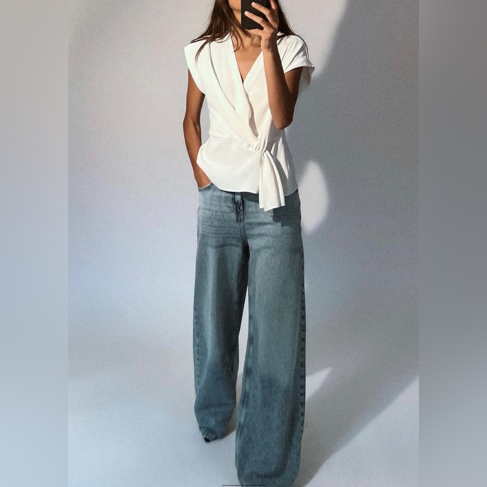 Zara White Wrap Blouse with Notched Collar